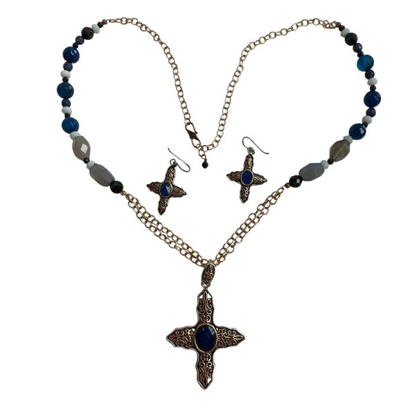 Barse Gold Plated Sterling Silver Cross Pendant on 26" Beaded Chain with Matching Earrings