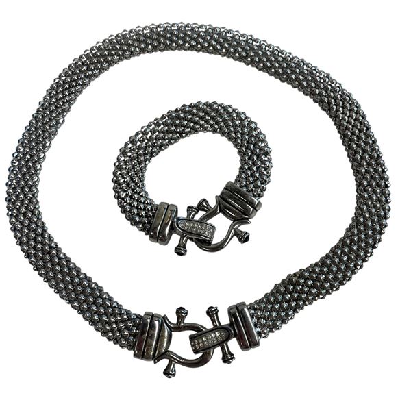 DSMK Woven Stainless Steel Bracelet & 18" Necklace - 0.5" wide with crystal embedded clasps