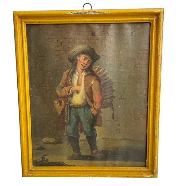 Antique Oil Painting on Canvas  - Genre Scene of Merchant Boy - Common in 19th Century Continental