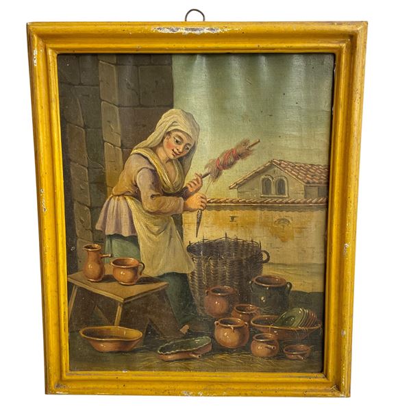 Antique Oil Painting on Canvas  - Genre Scene of Housewife - Common in 19th Century Continental  Art