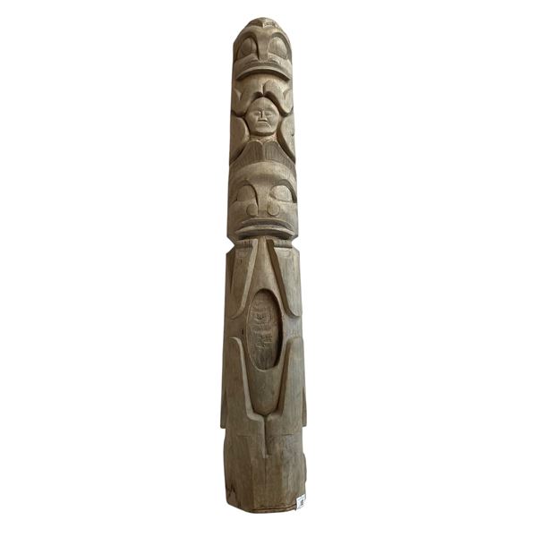 Carved Wood Totem - Unsigned - Flat Backed (2" X 3" X 20" Tall)