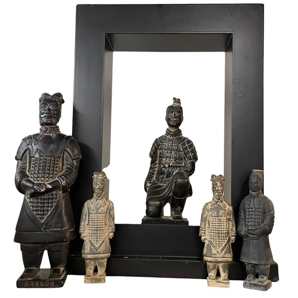 Open Framed Chinese Terra Cotta Warrior and His 4 Companions (Frame is 4" deep x 12" wide x 18" tall