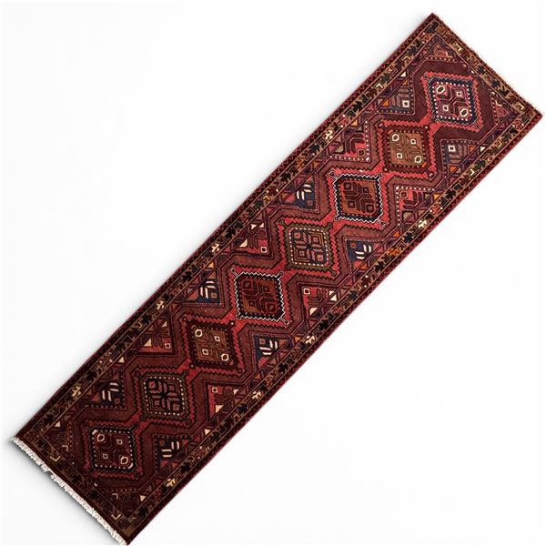 100% Hand Knotted Rug Made in Iran 9'10"x2'6" Hamedan Region Runner Geometric Map