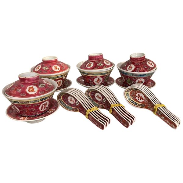 Chinese Porcelain Lidded Rice bowls and Spoons with Mun Shou Longevity Pattern