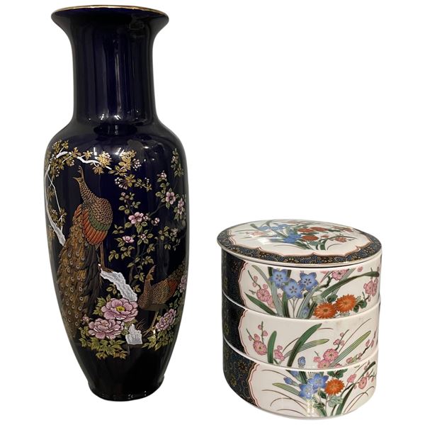 Vintage 11" Japanese Cobalt Vase with Peacock Theme and Lidded Stackable Trinket Box