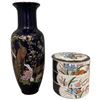 Image 1 : Vintage 11" Japanese Cobalt Vase with Peacock Theme and Lidded Stackable Trinket Box