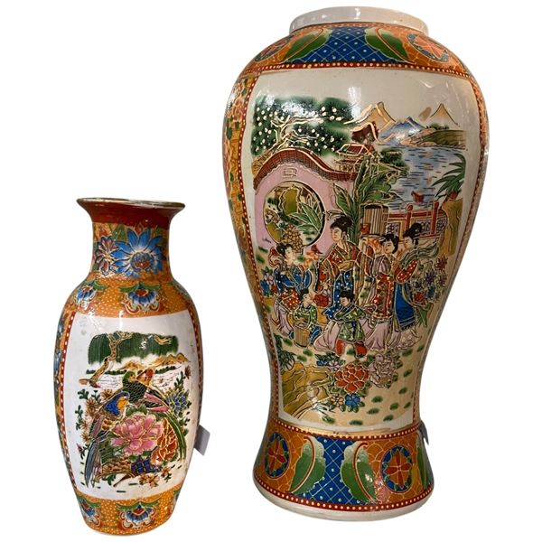 2 Vintage Chinese Vases in the Japanese Satsuma Design - Largest is 9.5" tall x 6" diameter