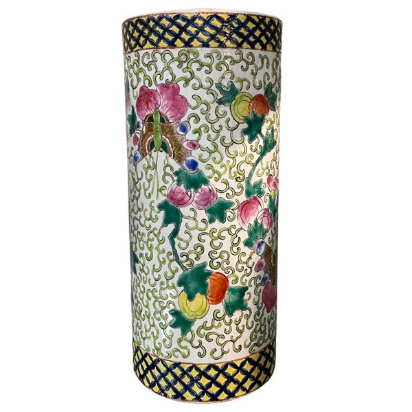 Vintage Chinese Porcelain Vase in the Famille Vert Style with Butterflies and Flowers - 11" tall x 5