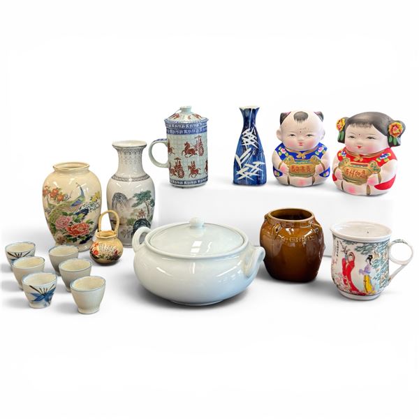 Group of Asian Dinnerware, Vases and Dolls