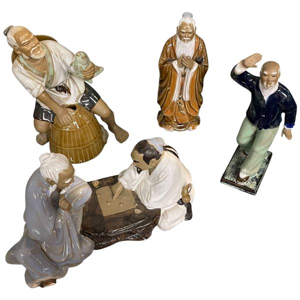 Group of Chinese Ceramic Shiwan Mudman Fisherman Figurines - Tallest is 9"