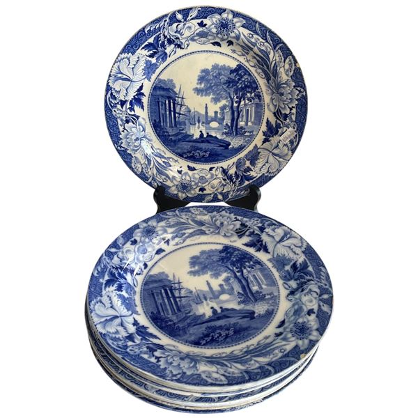 Set of 7 Vintage 10" Dinner Plates - Classic Blue and White Pastoral Scene