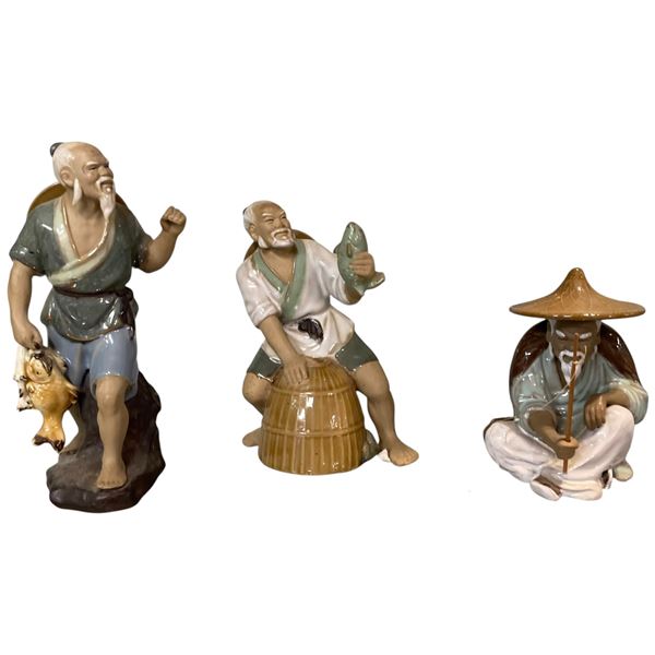 Group of 3 Chinese Ceramic Shiwan Mudman Fisherman Figurines - Tallest is 9"
