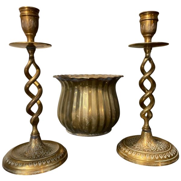 Pair of Brass Bohemian Barley Twist Candle Holders and a Brass Jardiniere (Plant pot  is 5" tall x 6