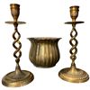 Image 1 : Pair of Brass Bohemian Barley Twist Candle Holders and a Brass Jardiniere (Plant pot  is 5" tall x 6