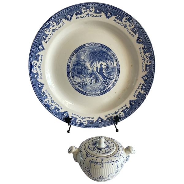 Vintage Boch Belgium 13" "Yeddo" Plate & Boch "Copenhagen" Lidded Sugar Bowl