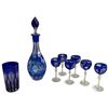 Image 1 : Group of Bohemian Cobalt Cut-to-Clear Crystal Pieces - Tumbler, 6 Liqueur Glasses and a Decanter