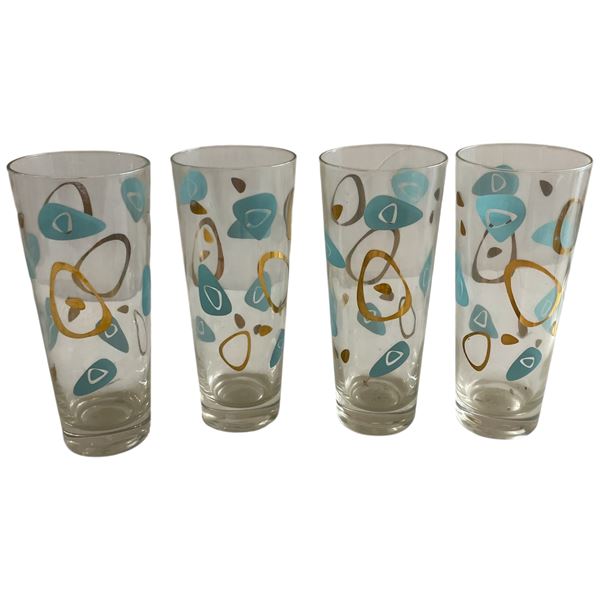 Set of 4 Federal Glass Atomic Boomerang Amoeba Turquoise & Gold Tumblers - 1950s/60s