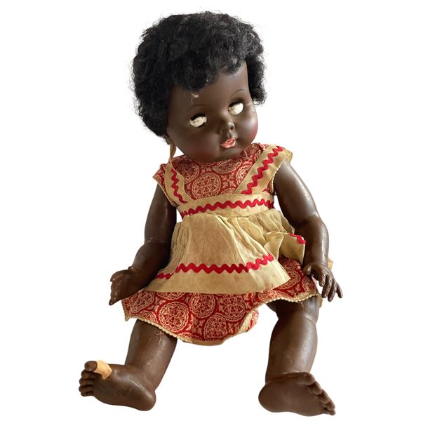 1940s/50s Canadian Made Pulllan Black Baby Doll - 14" tall when seated