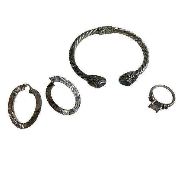 Sterling Silver & Topaz Cuff Bracelet, Hoop Earrings and Crystal Ring (Size 6) - Total weight: 27.8