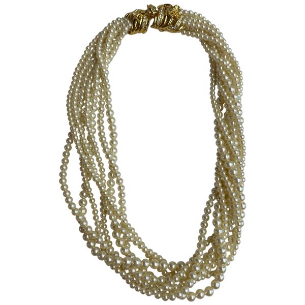 1988  Franklin Mint Faux Pearl Necklace by Mary McFadden - Crystal embedded clasp - 16" Choker