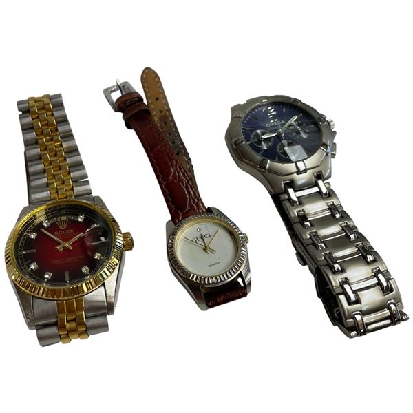 3 Gently Worn Watches - Marked Gucci, Omega and Rolex - Not authenticated