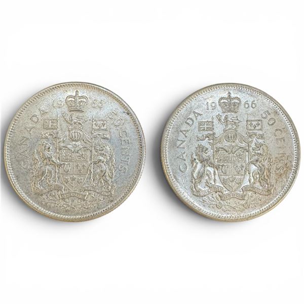 Two 1966 Canadian Silver 50¢ Coins -  .80% Silver Elizabeth II Coins - Circulated