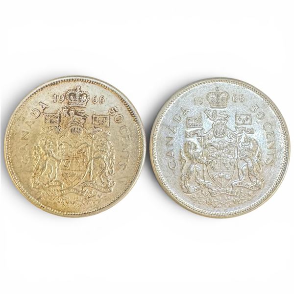 Two 1966 Canadian Silver 50¢ Coins -  .80% Silver Elizabeth II Coins - Circulated