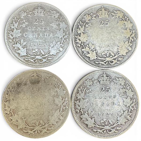 One 1938 & Three 1929 Canadian Silver 25¢ Coins - 80% Silver King George V Coins - Circulated
