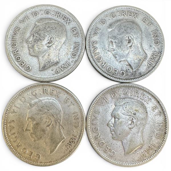 Three 1943 & One 1944 Canadian Silver 25¢ Coins - 80% Silver King George V Coins - Circulated