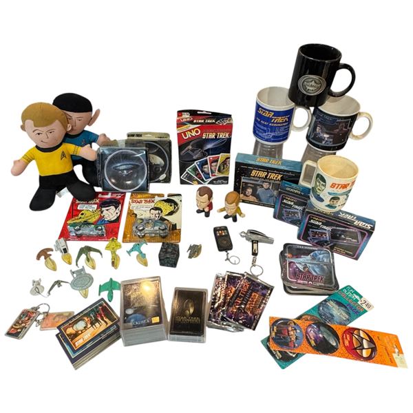 Star Trek Memorabilia Lot: Mugs, Keychains, Plates, Mini Ships, Cards, Plush Toys & More