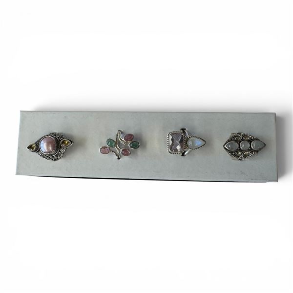 4 New Rings * all stamped .925 * (Moonstone, Faceted & Cabochon Crystals, Faux Pearl & More) Longest