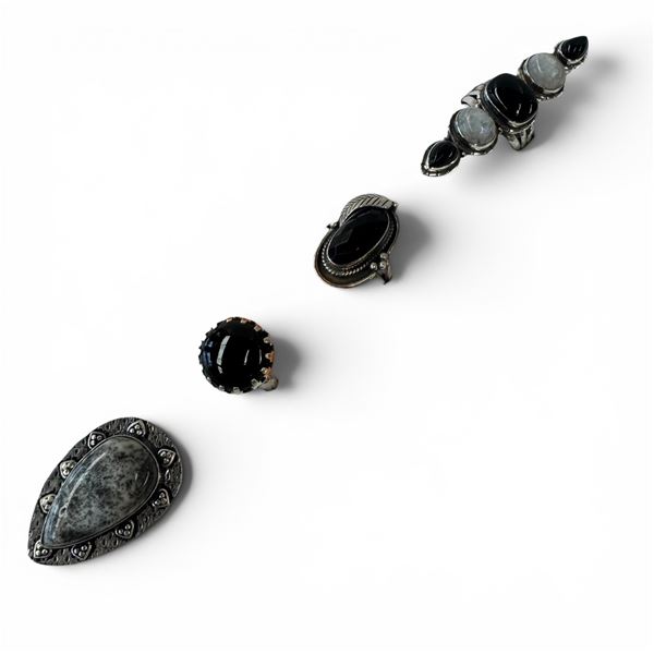 4 New Rings * all stamped .925 * (Black Onyx, Dendritic Opal and Semiprecious Agates) Longest ring
