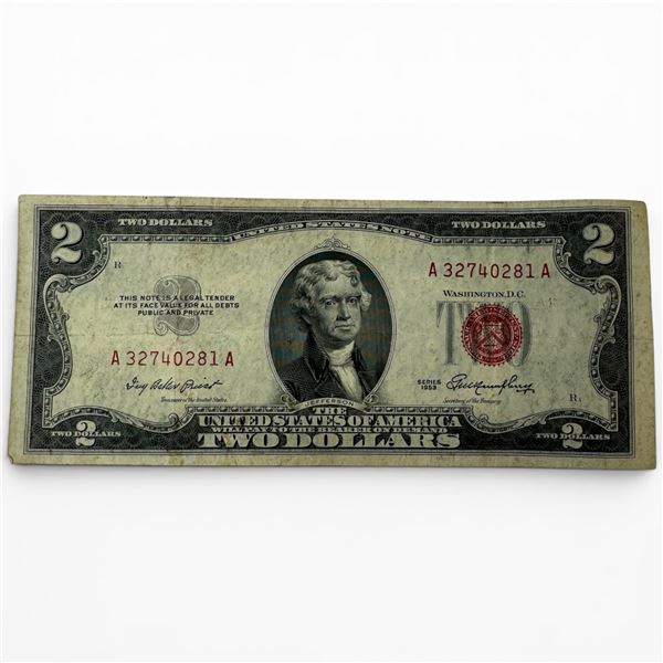 1953 US Red Seal $2 Bank Note - A Series - Circulated