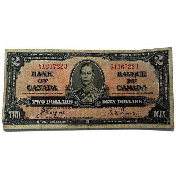1937 Bank of Canada $2 Bank Note - DR Prefix Series - Coyne / Towers Signatures - Circulated