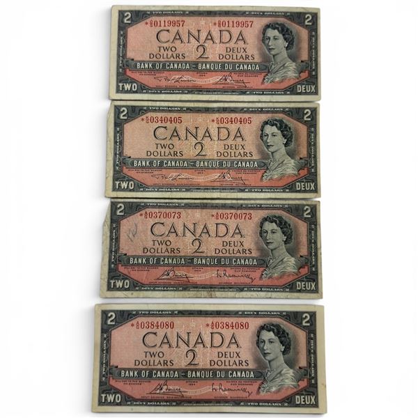 Four 1954 Canadian $2 Replacement Bank Notes - 2 Bouey/Raminsky AG Serial Prefix & 2 Lawson/Bouey wi