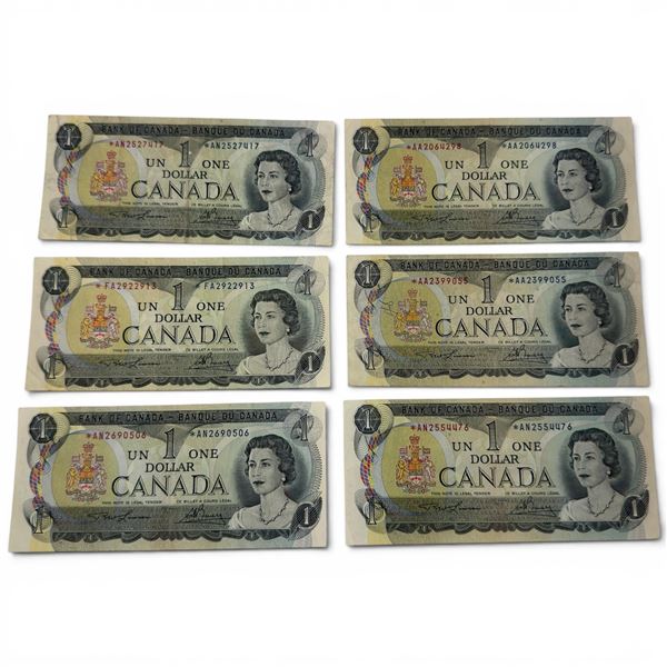 Six 1973 Canadian $1 Replacement Bank Notes - All Lawson/Bouey - Serial number Prefixes: 2 x AA, 1 x
