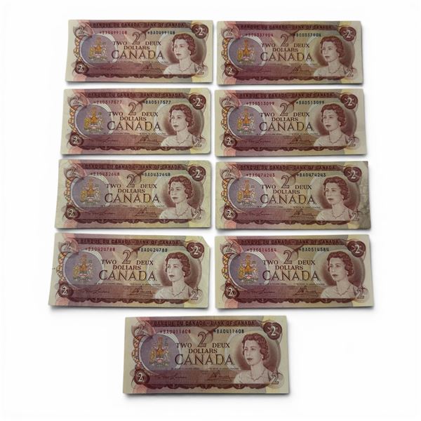 Nine 1974 Canadian $2 Bank Notes - 8 x BA Serial Numbers and 1 x BC Serial Number - Lawson/Bouey - C