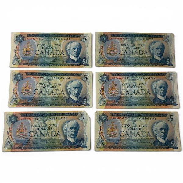 Six 1972 Canadian $5 Bank Notes - 5 x Bouey/Raminsky (4 x CC serial numbers & 1 x CO serial number)