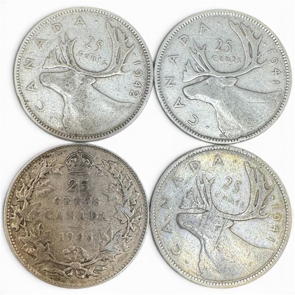 4 Vintage Canadian 80% Silver Quarters - 1936 King George V, and 2 x 1941 & 1 x 1942 King George VI