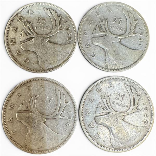 4 Vintage Canadian 80% Silver Quarters -  2 x 1940 & 2 x 1941 King George VI - Circulated