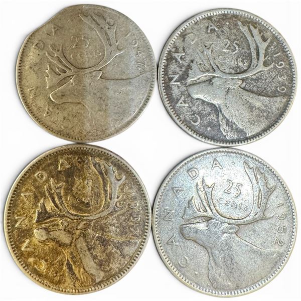 4 Vintage Canadian 80% Silver Quarters -  1 each of 1937, 1939, 1947 & 1952 King George VI - Circula