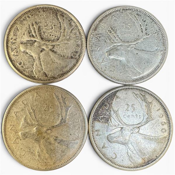 4 Vintage Canadian 80% Silver Quarters -  1957, 1964, & 2 x 1960 Queen Elizabeth II- Circulated