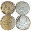 Image 1 : 4 Vintage Canadian 80% Silver Quarters -  1957, 1964, & 2 x 1960 Queen Elizabeth II- Circulated