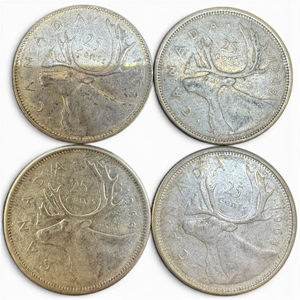 4 Vintage Canadian 80% Silver Quarters -  All are 1963 Queen Elizabeth II- Circulated