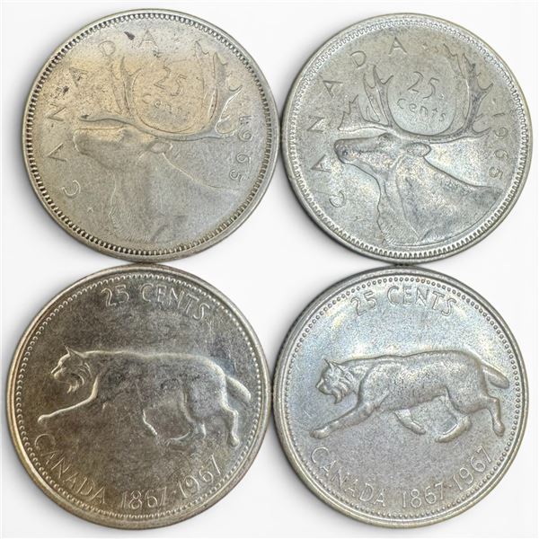 4 Vintage Canadian 80% Silver Quarters -  2 x 1965 & 2 x 1967 Centennial - Queen Elizabeth II- Circu
