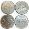 Image 1 : 4 Vintage Canadian 80% Silver Quarters -  2 x 1965 & 2 x 1967 Centennial - Queen Elizabeth II- Circu