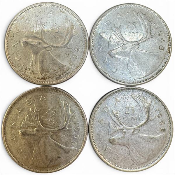 4 Vintage Canadian 80% Silver Quarters -  All are 1968 Queen Elizabeth II- Circulated