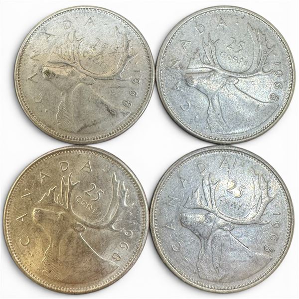 4 Vintage Canadian 80% Silver Quarters -  All are 1968 Queen Elizabeth II- Circulated