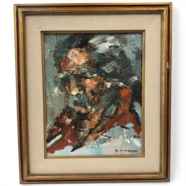 Signed Original Eva N. Mosonyi Abstract Impasto Portrait Painting "Old Man" - Artist Signed on Front