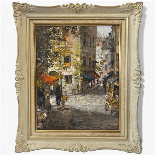 1991 Signed Original Oil on Canvas Impasto Painting of a  French Street Scene - Exterior frame dimen